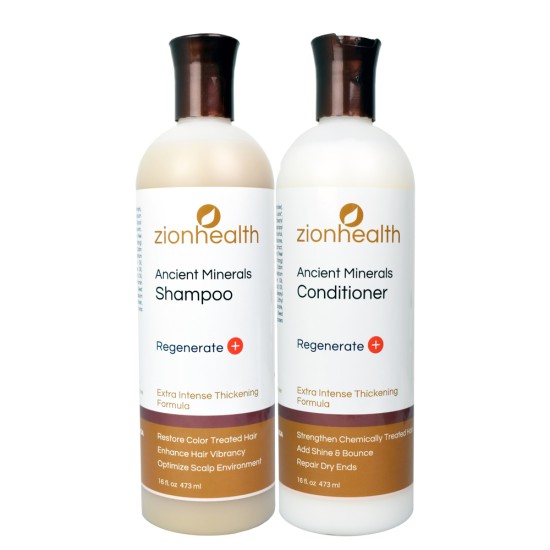 ZionHealth Ultimate Color Defense Combo 16 oz. image. This Regenerating PLUS combines enriching trace minerals with moisture rich botanical herbs to repair ends and add intense shine to dull weak hair.