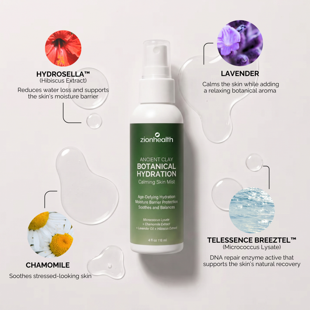 Zion Health Botanical Hydration Calming Skin Mist spray bottle with green label and clear cap