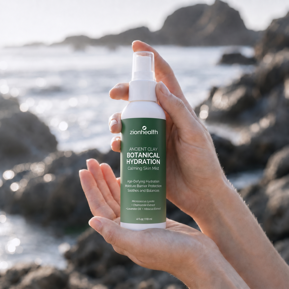 Zion Health Botanical Hydration Calming Skin Mist spray bottle with green label and clear cap