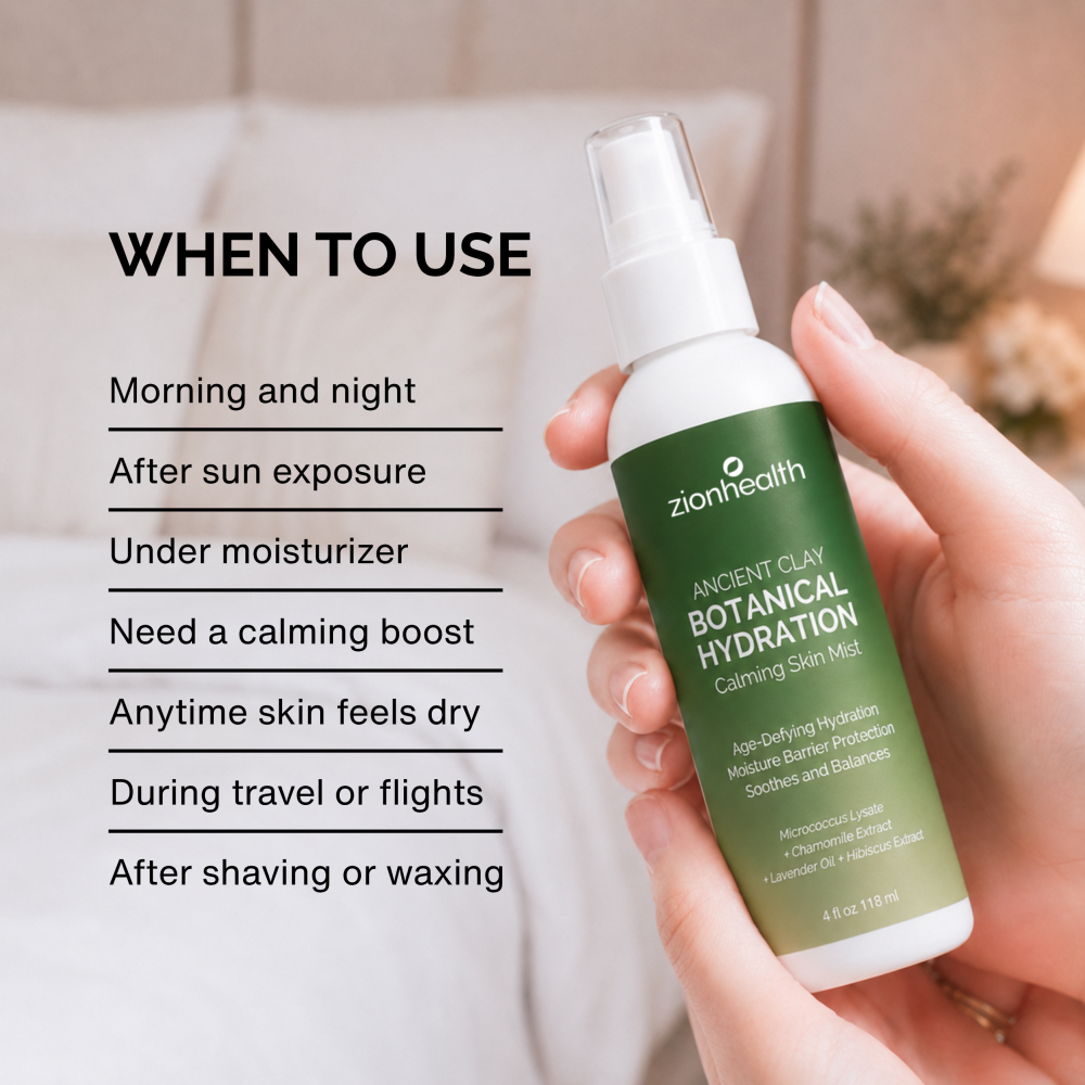 Zion Health Botanical Hydration Calming Skin Mist spray bottle with green label and clear cap