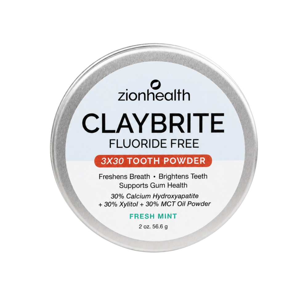 Zion Health CLAYBRITE® 3 X 30 Fresh Mint Tooth Powder with hydroxyapatite, xylitol, powdered MCT, and ionic clay minerals