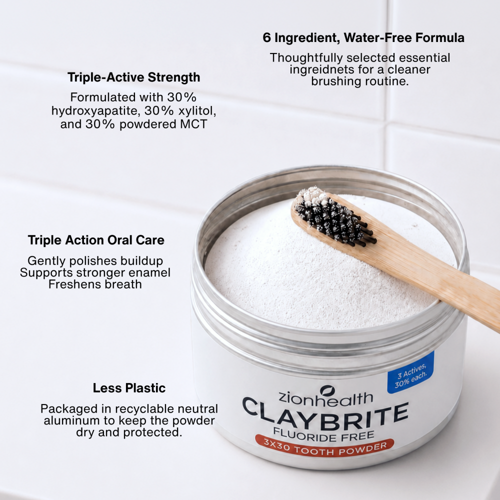 Zion Health CLAYBRITE® 3 X 30 Fresh Mint Tooth Powder with hydroxyapatite, xylitol, powdered MCT, and ionic clay minerals