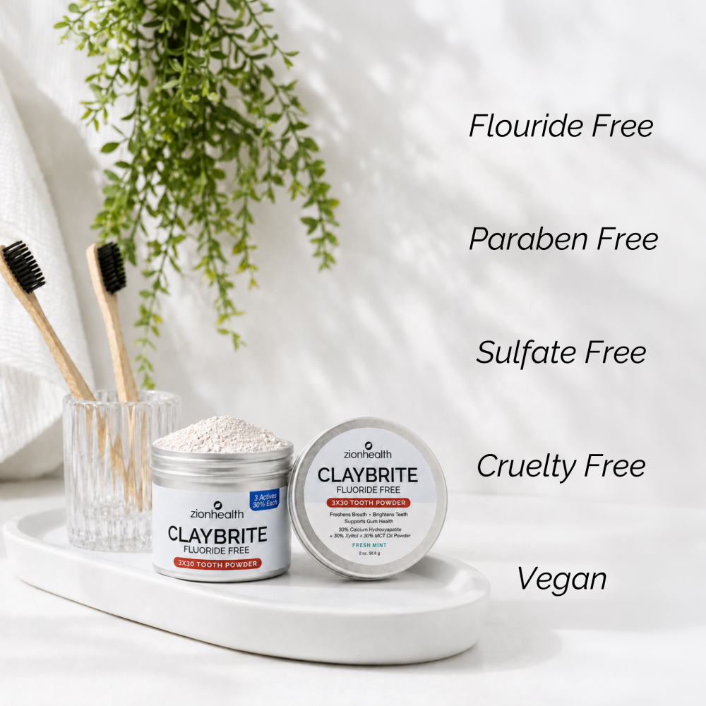 Zion Health CLAYBRITE® 3 X 30 Fresh Mint Tooth Powder with hydroxyapatite, xylitol, powdered MCT, and ionic clay minerals